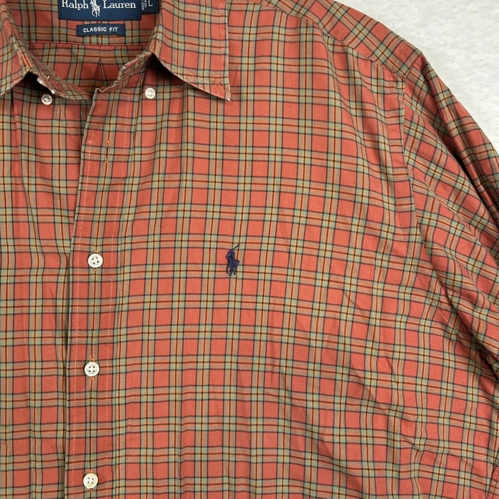 Ralph Lauren Shirt Mens L Orange Green Plaid Check Cotton Oxford OCBD‎ Button Up
